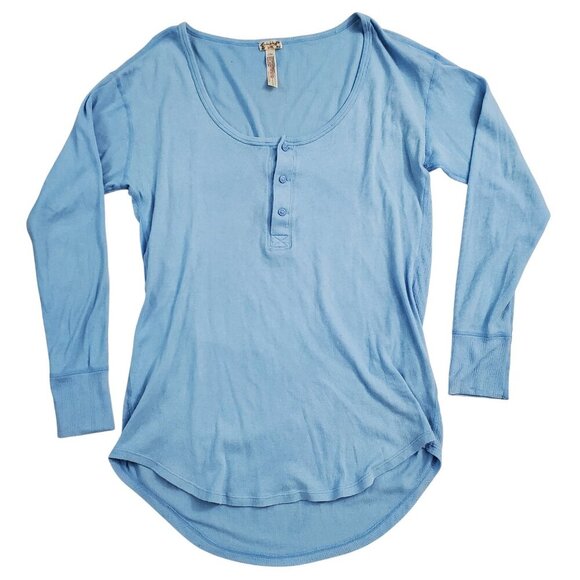 Free People Weekend Vibe Pajama Top Light Chambray Blue Baby Ribbed Curved Hem M - Picture 3 of 12